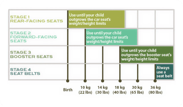 Car seat stages diagram showing different stages from rear-facing to seat belts